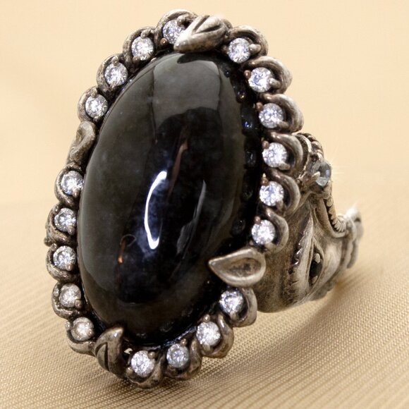 Striking Black Onyx? & CZ Diamond Accent Horse Head Vintage Ring in 925 Silver - Picture 3 of 8